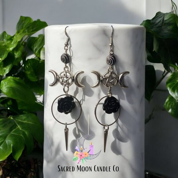 Triple Moon Goddess Black Rose Spiked Earrings - Picture 1 of 4